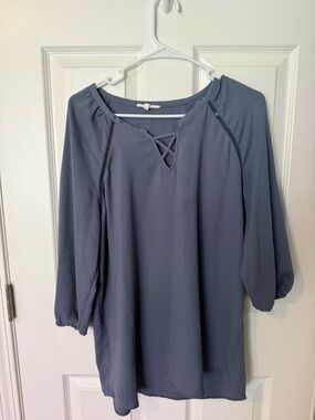 Women’s Cotton-Blend Slate Blue Crisscross Neck Blouse
